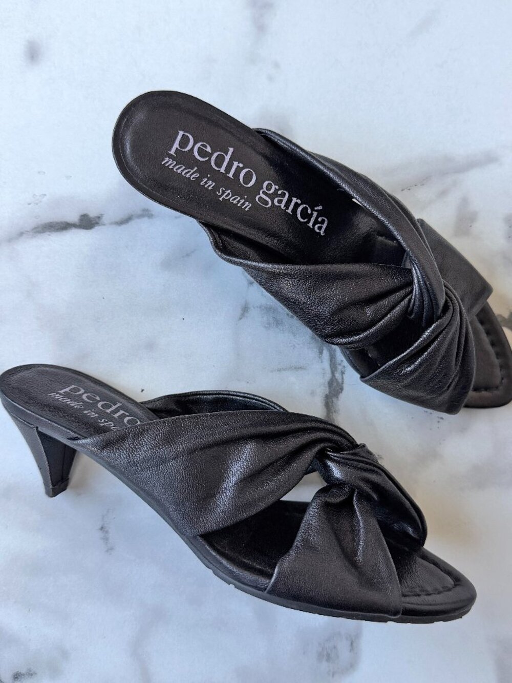 Pedro Garcia Black Leather Twist Strap Mule Heels Size 36.5